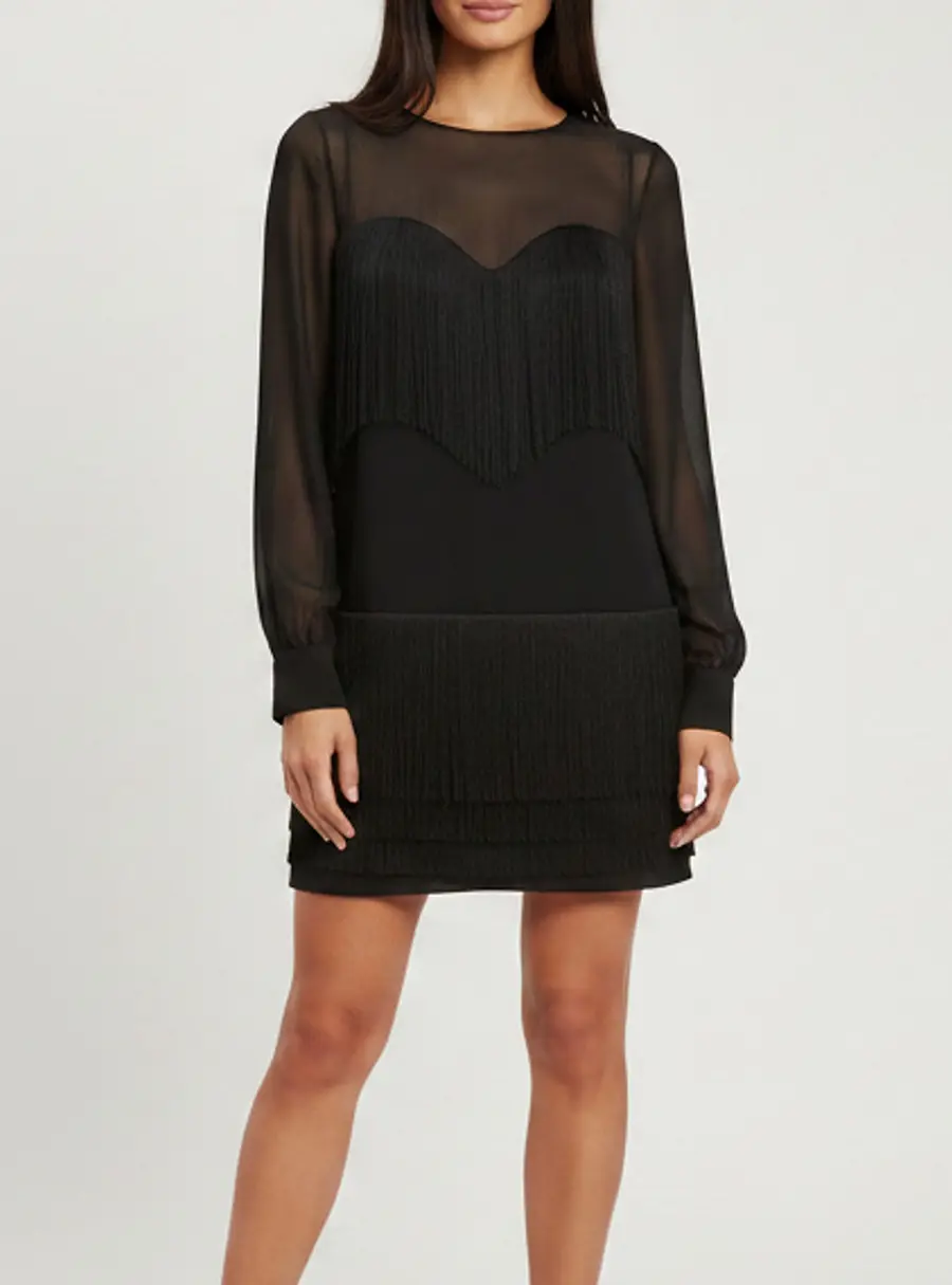 Moschino Black Crepe Tiered Fringe Long-Sleeve Playsuit S