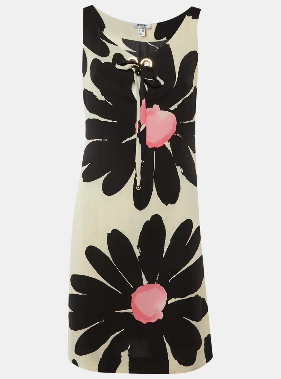 Moschino Cheap & Chic Black & Beige Floral Printed Silk Shift Dress S
