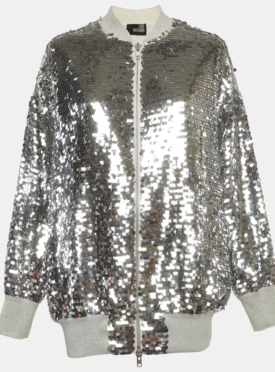 Love Moschino Silver Cotton Knit Sequins Bomber Jacket S
