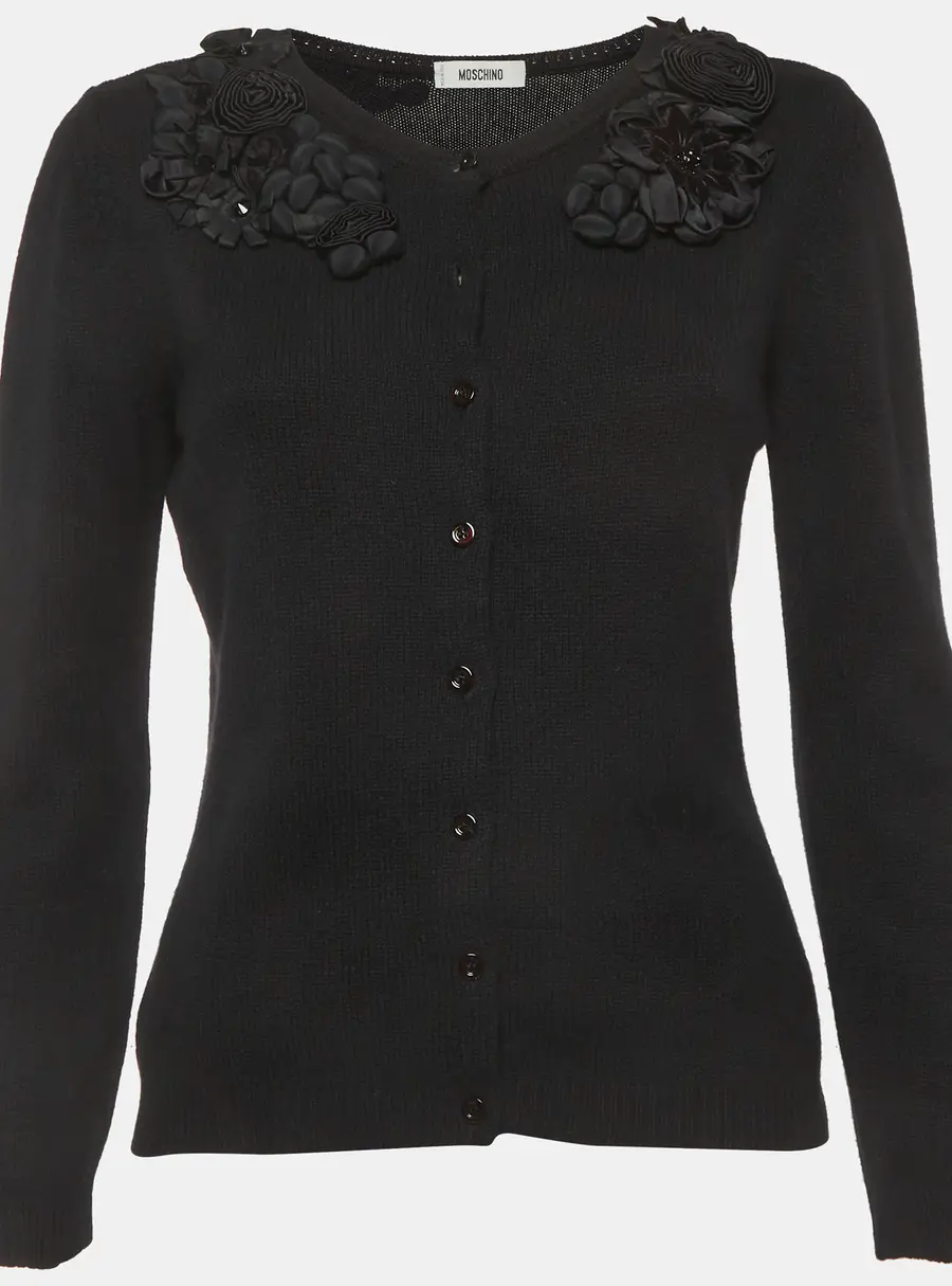 Moschino Black Wool Blend Knit Floral Applique Sweater M