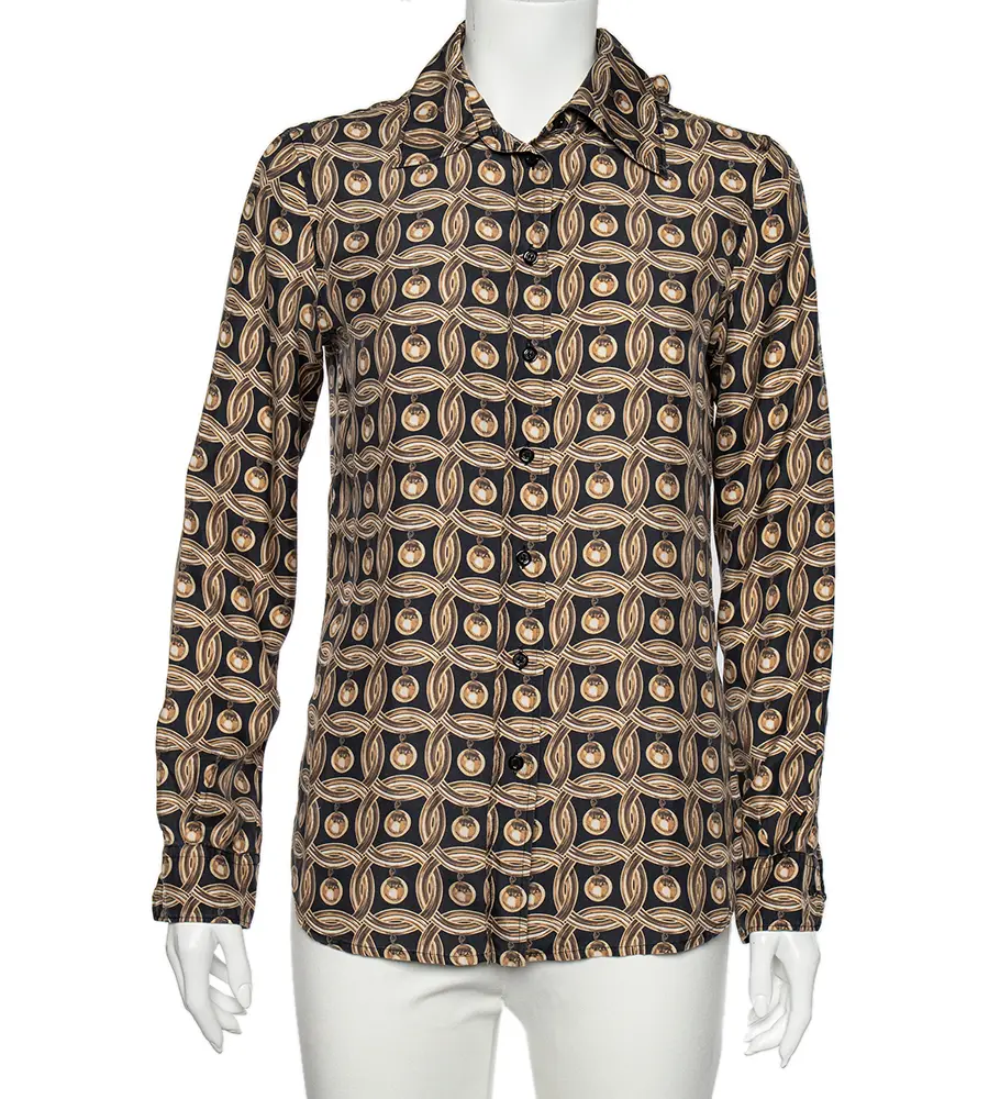 Moschino Gold Printed Silk Neck Tie Detail Button Front Shirt M