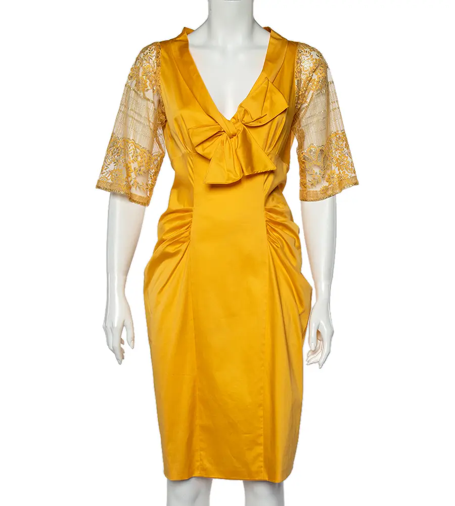 Moschino Yellow Cotton And Lace Sleeve Bow Detail Midi Dress M