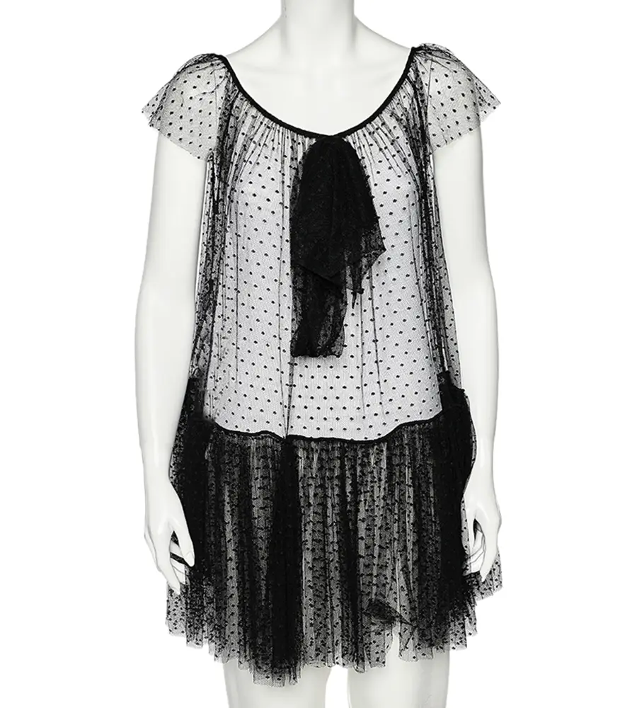Moschino Black Tulle Ruffled Hem Bow Detail Sheer Mini Dress S