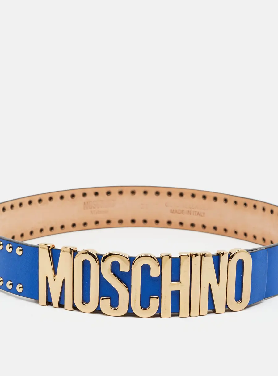 Moschino Classic Logo Studded 85 CM Waist Belt Blue Leather