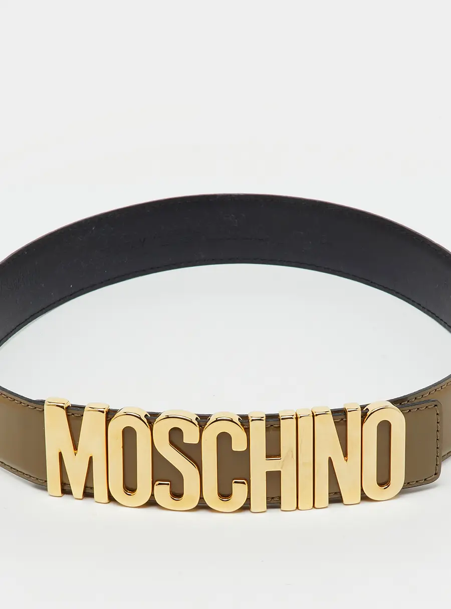 Moschino Khaki Brown Glossy Leather Classic Logo Belt 75CM
