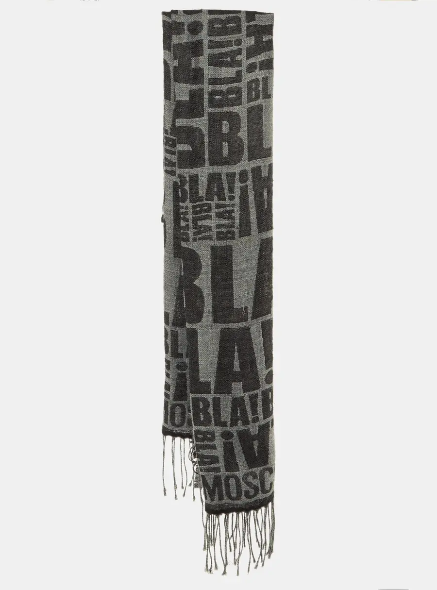Moschino Grey Bla Bla Wool Blend Fringed Stole