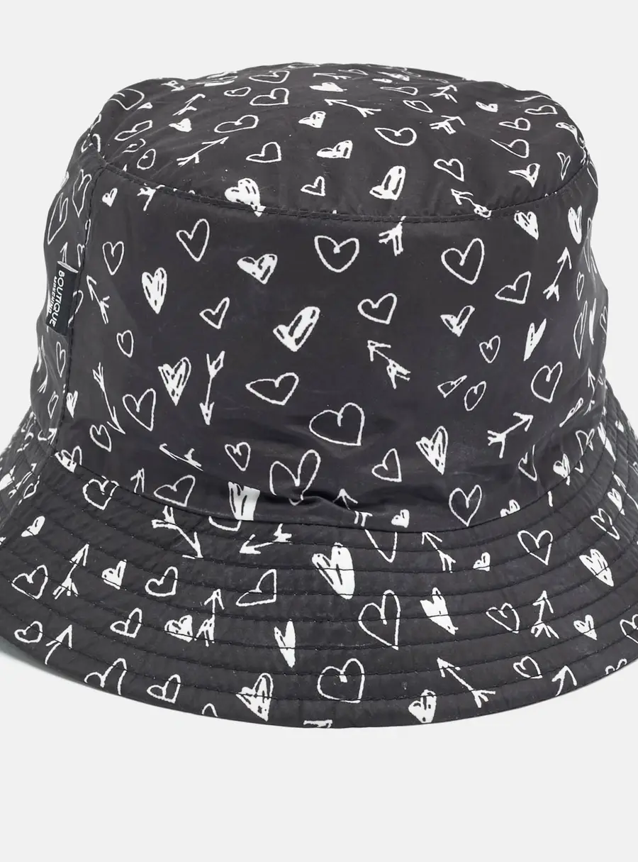Moschino Boutique Black Heart Print Synthetic Bucket Hat