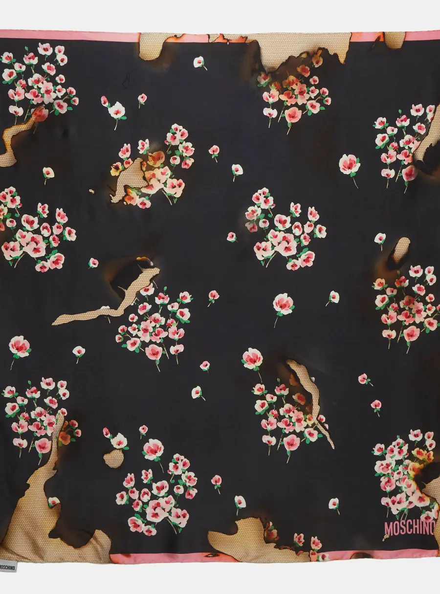 Moschino Black Floral Print Silk Scarf