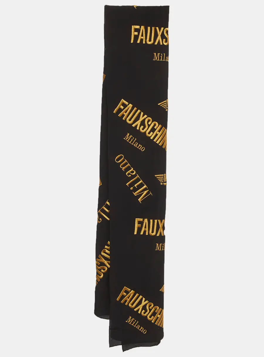 Moschino Black Logo Embroidered Silk Scarf