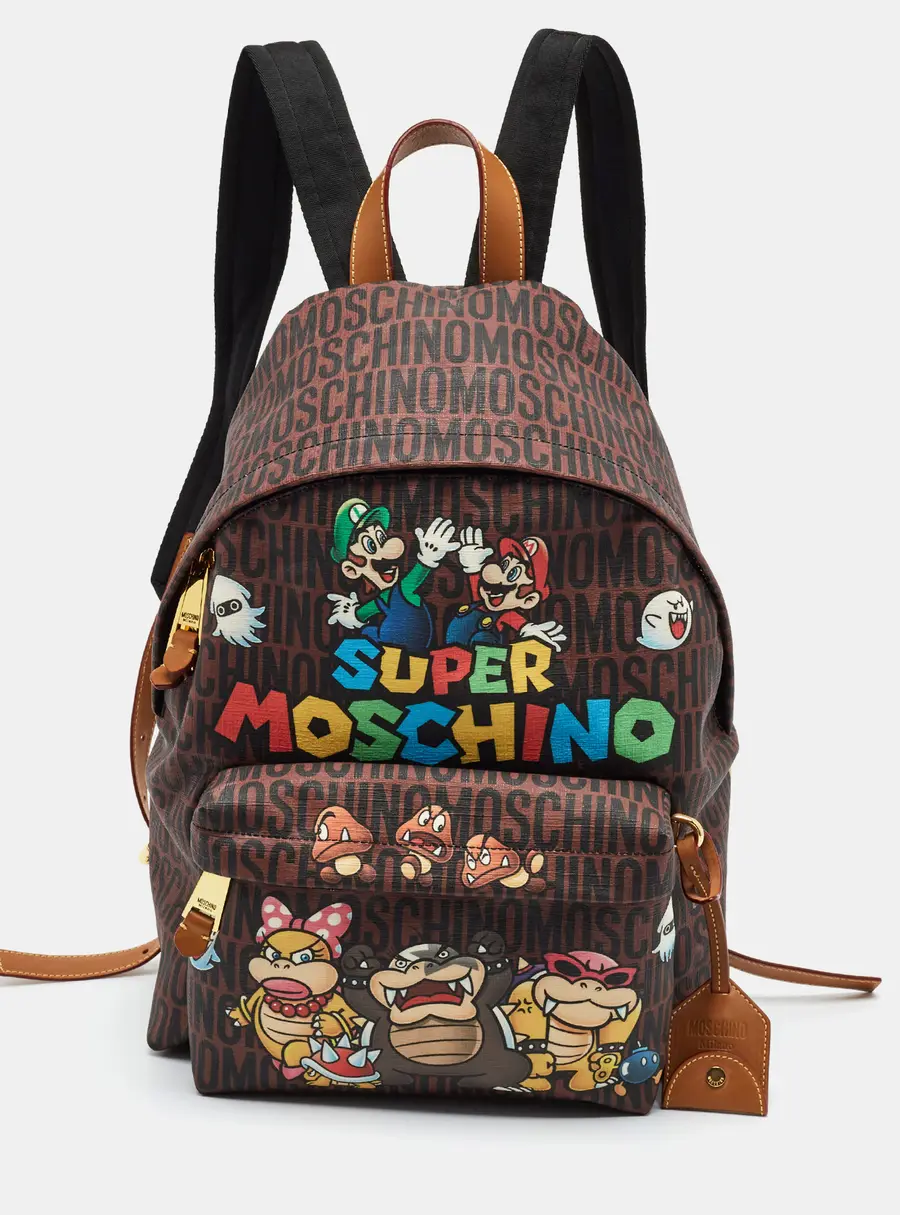 Moschino Super Moschino Brown Logo Print Coated Canvas and Leather Backpack
