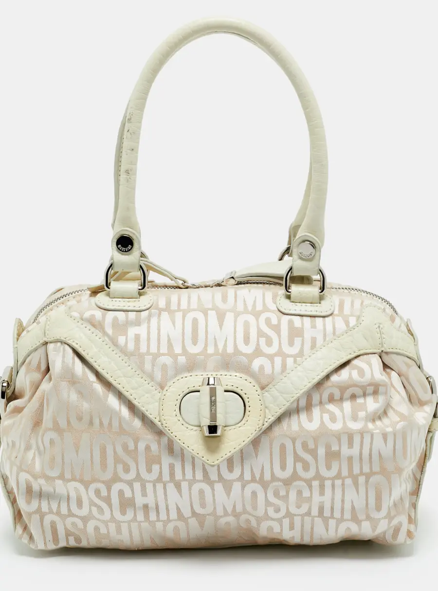 Moschino White/Cream Signature Fabric and Leather Zip Satchel