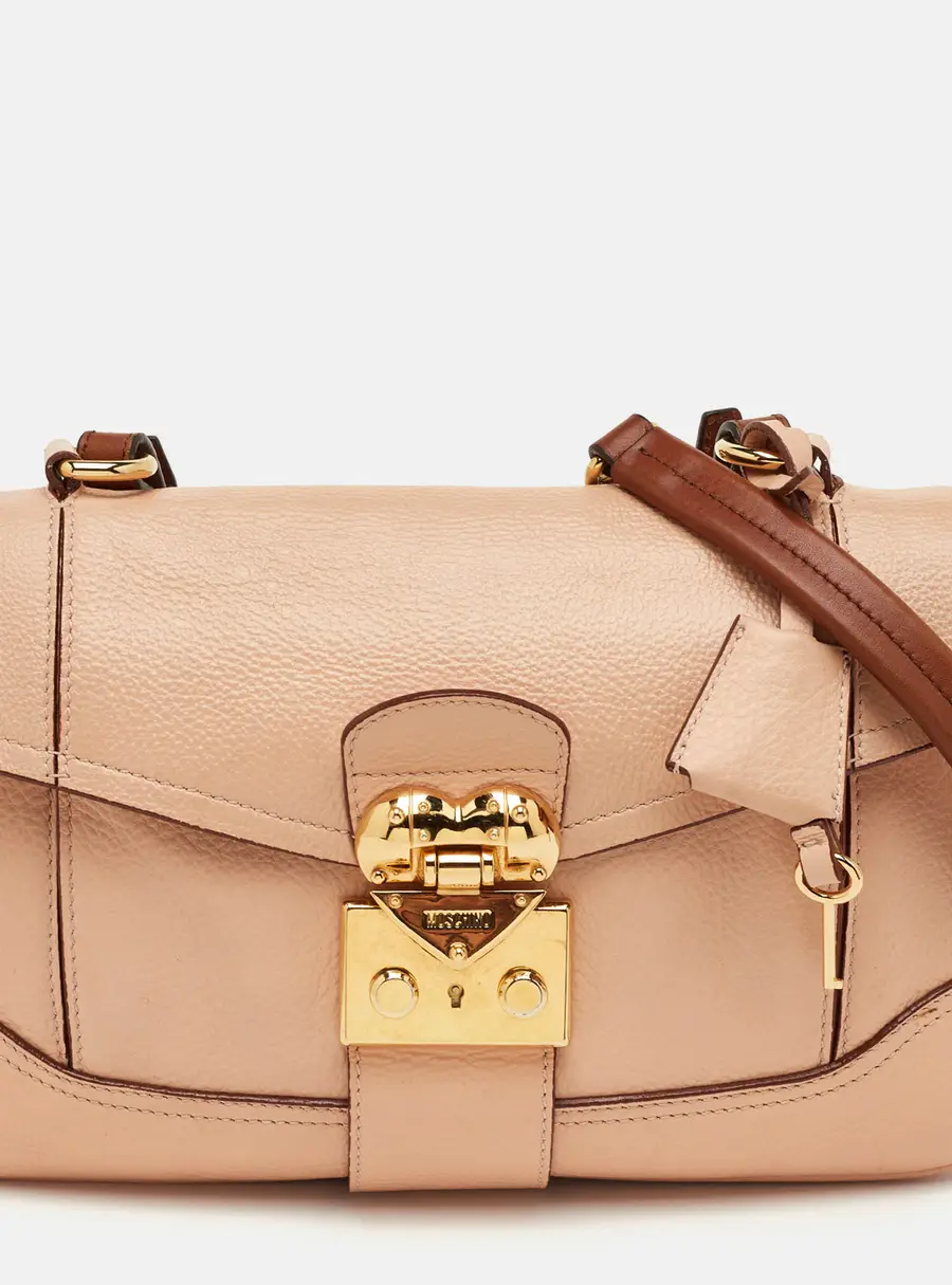 Moschino Hidden Lock Beige/Brown Leather Shoulder Bag