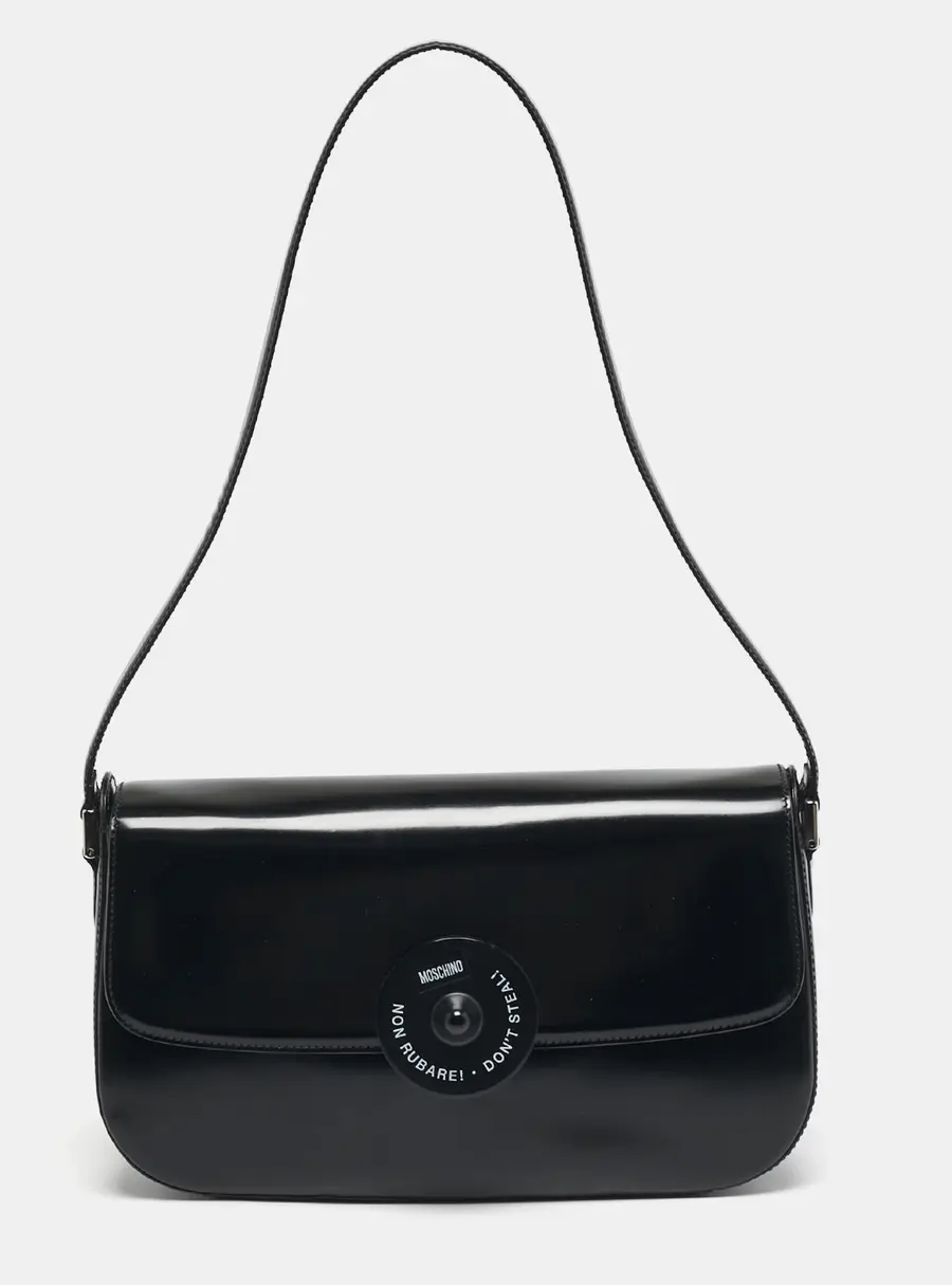 Moschino Black Glossy Leather Flap Shoulder Bag