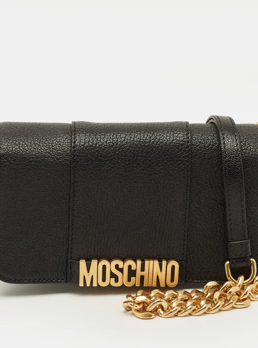 Moschino Black Leather Logo Flap Shoulder Bag