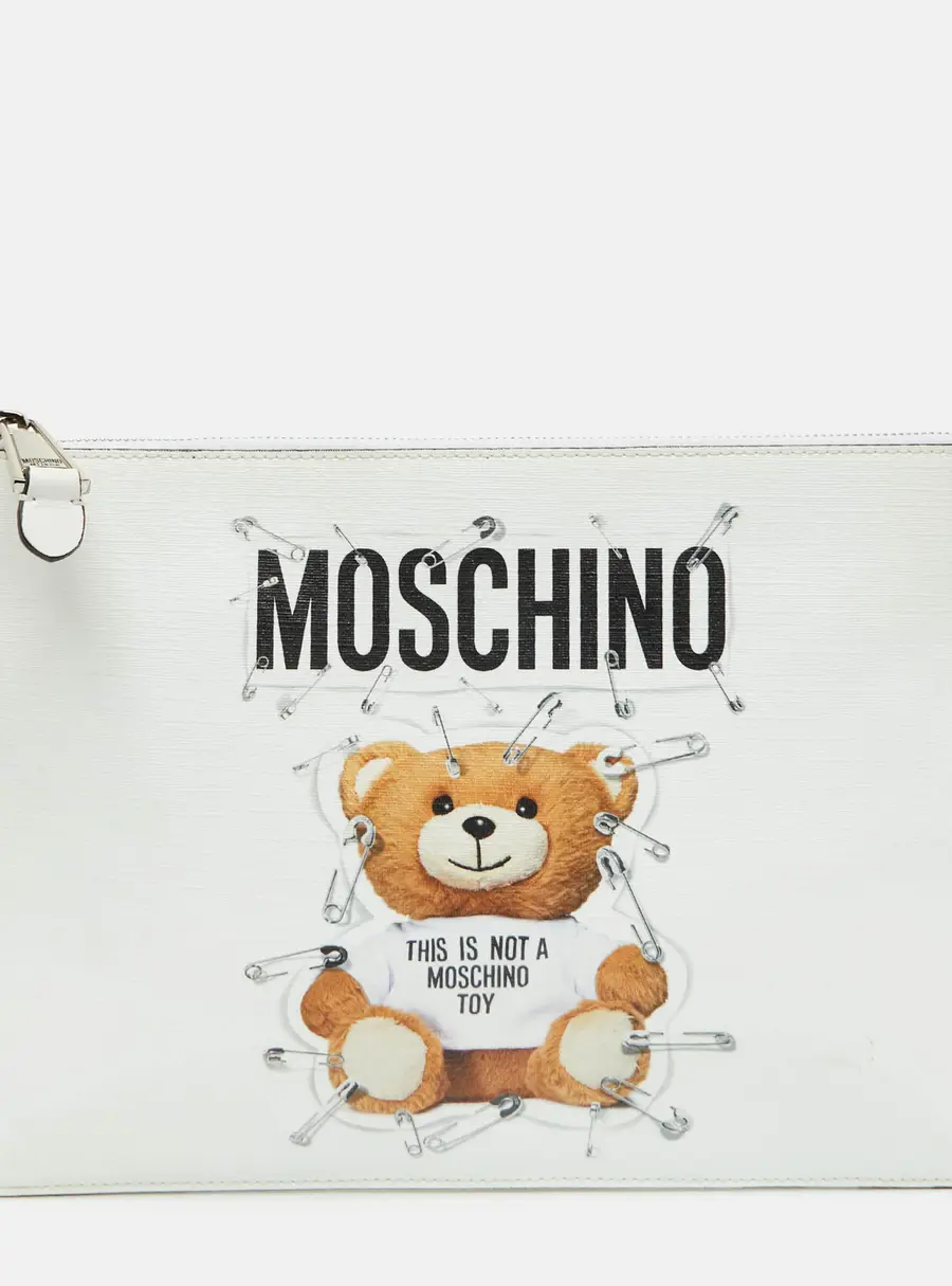 Moschino This Is Not A Moschino Toy White Coated Canvas Wristlet Clutch