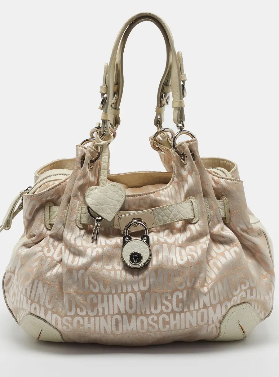 Moschino Padlock Beige/White Signature Fabric and Leather Hobo