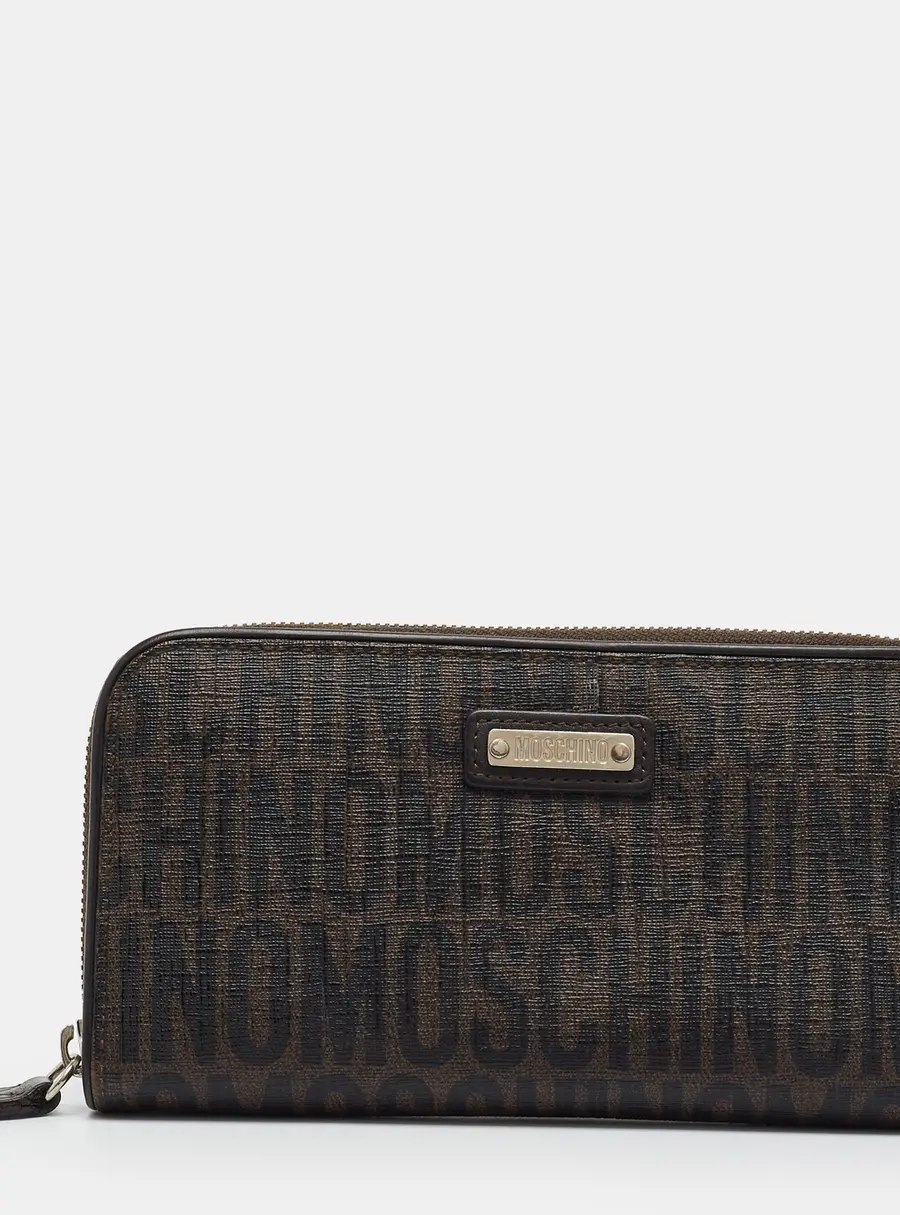 Moschino Zip Dark Brown Monogram Printed Coated Canvas Continental Wallet