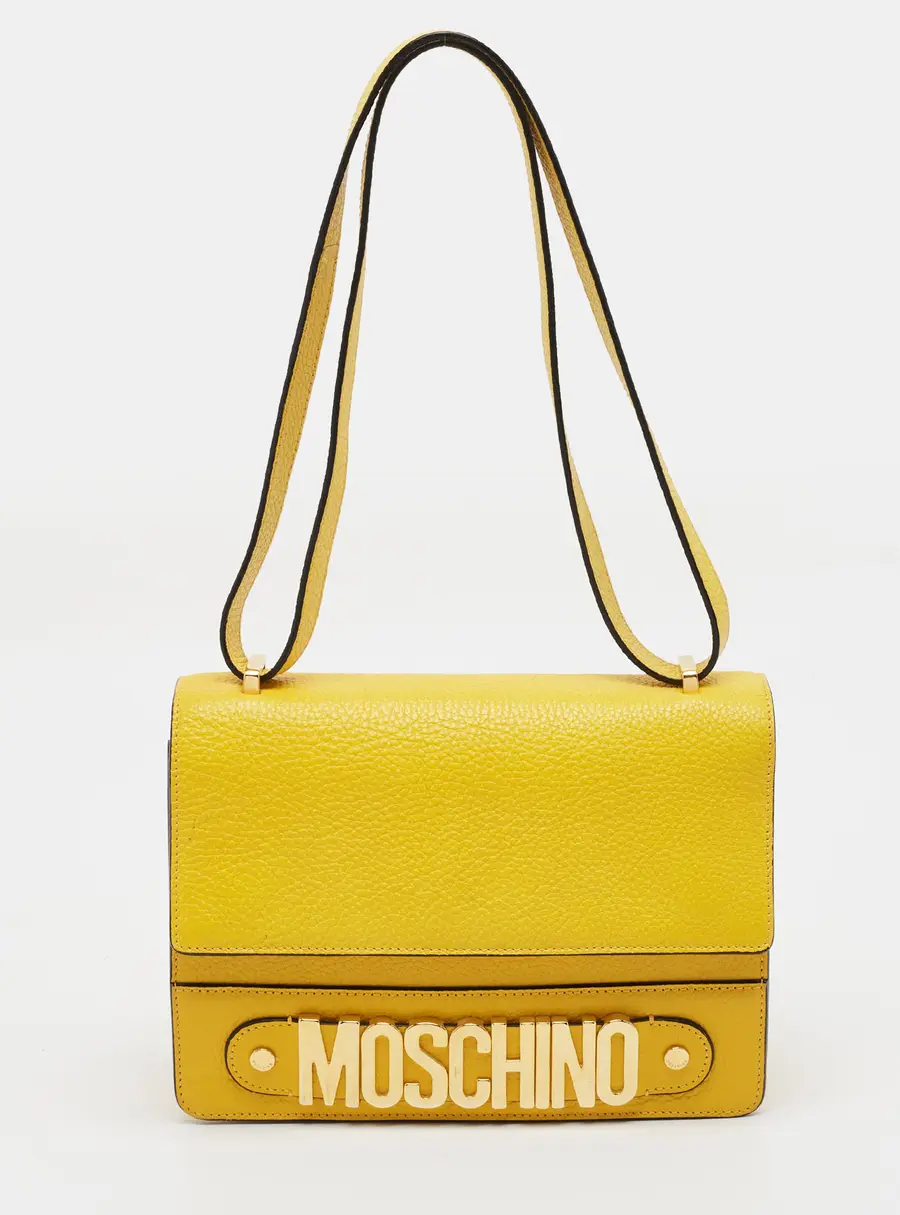 Moschino Classic Logo Flap Yellow Leather Shoulder Bag