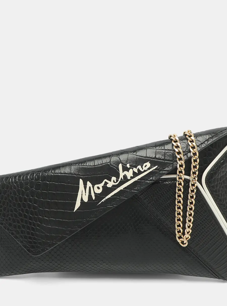 Moschino Black Snakeskin Embossed Leather Chain Clutch