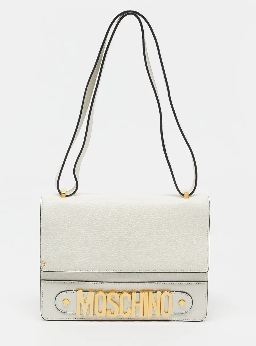 Moschino Logo White Leather Flap Shoulder Bag