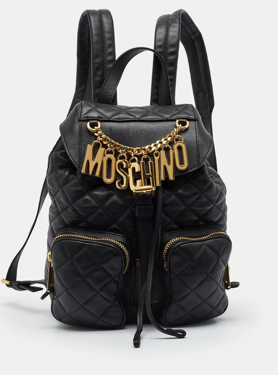 Moschino Logo Charm Black Quilted Leather Drawstring Backpack