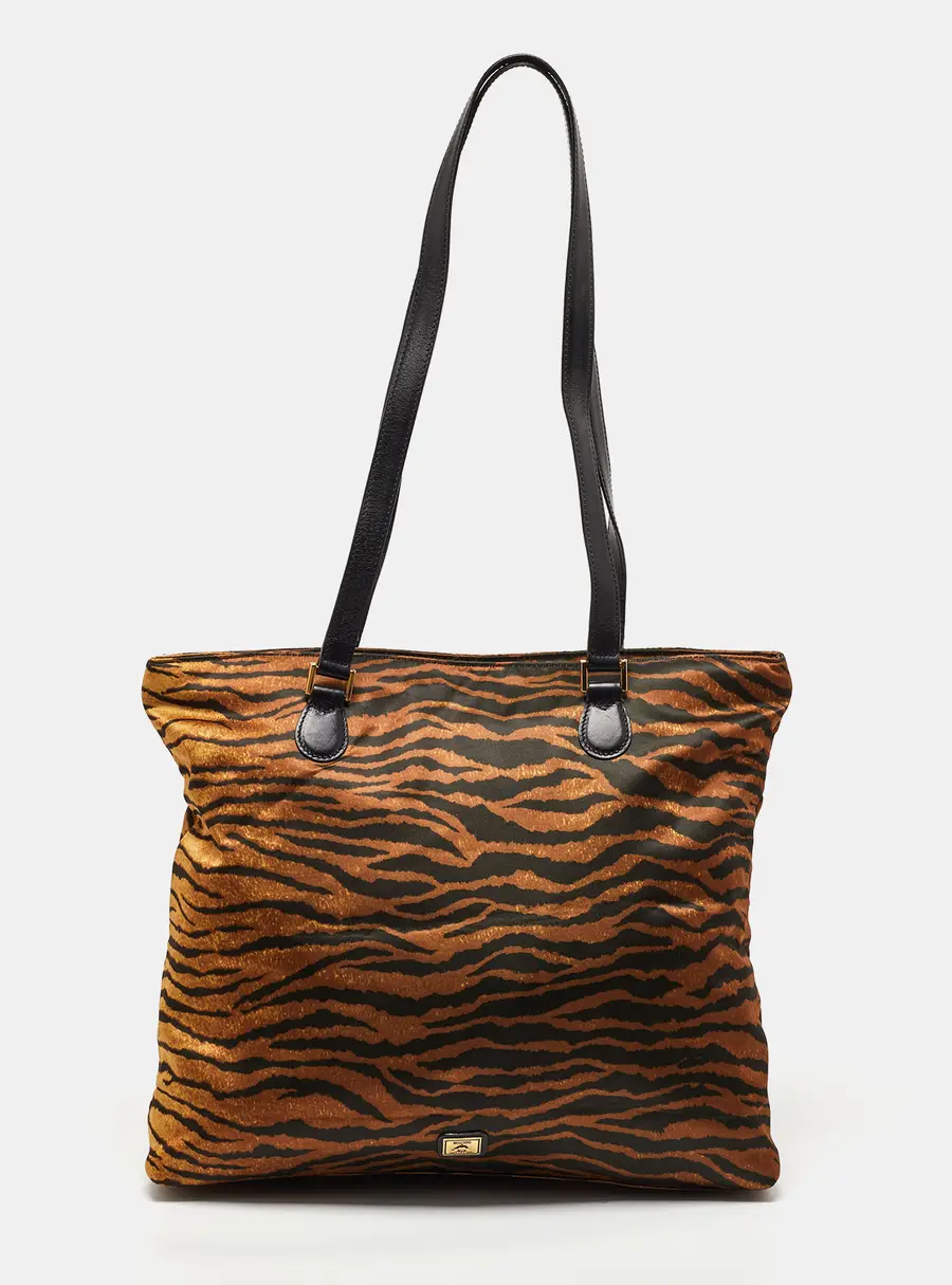 Moschino Brown/Black Zebra Print Fabric and Leather Zip Tote