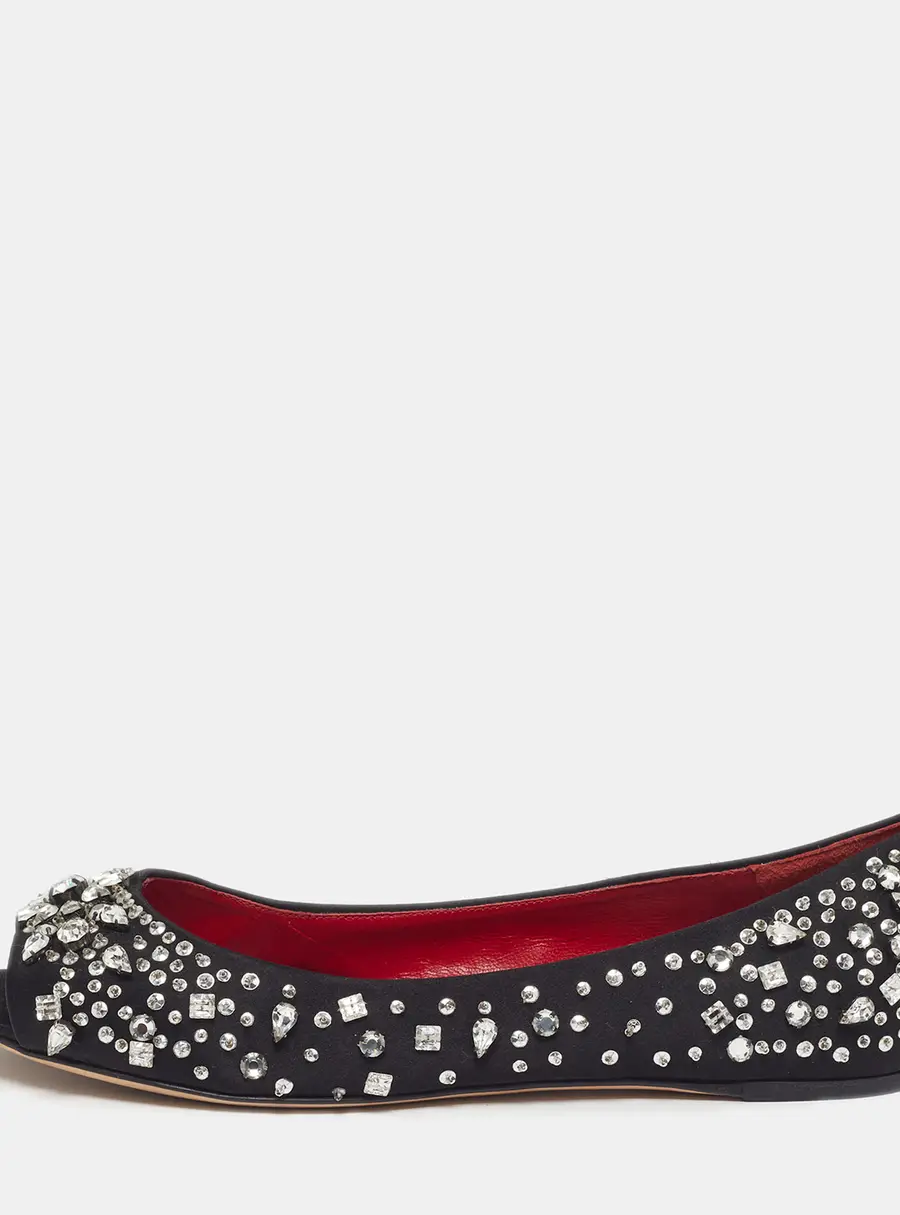 Moschino Size 40 Black Satin Crystal Embellished Open Toe Ballet Flats