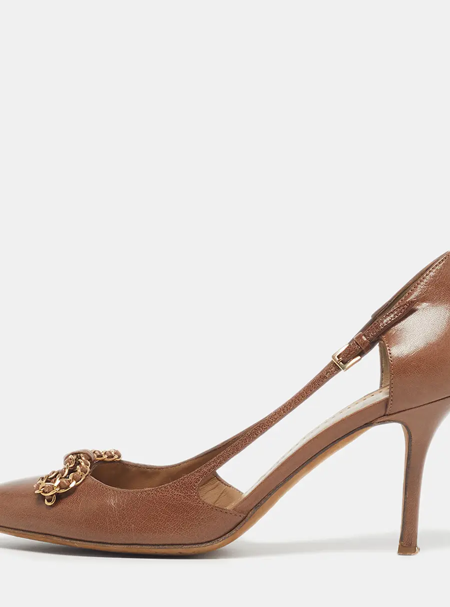 Moschino Size 39 Brown Leather Bow Chain Link Pumps