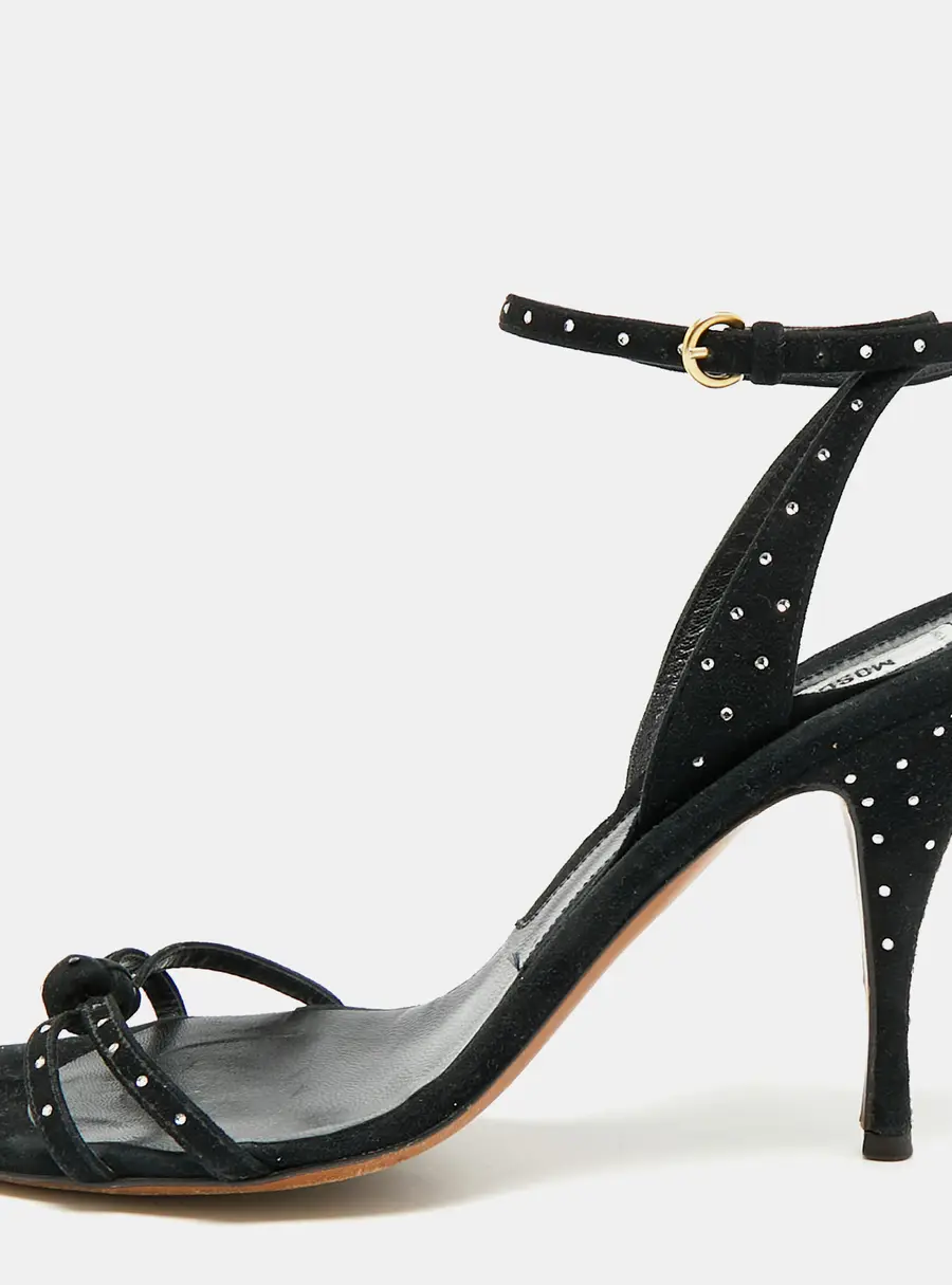 Moschino Size 38 Black Suede Ankle Wrap Crystal Embellished Sandals