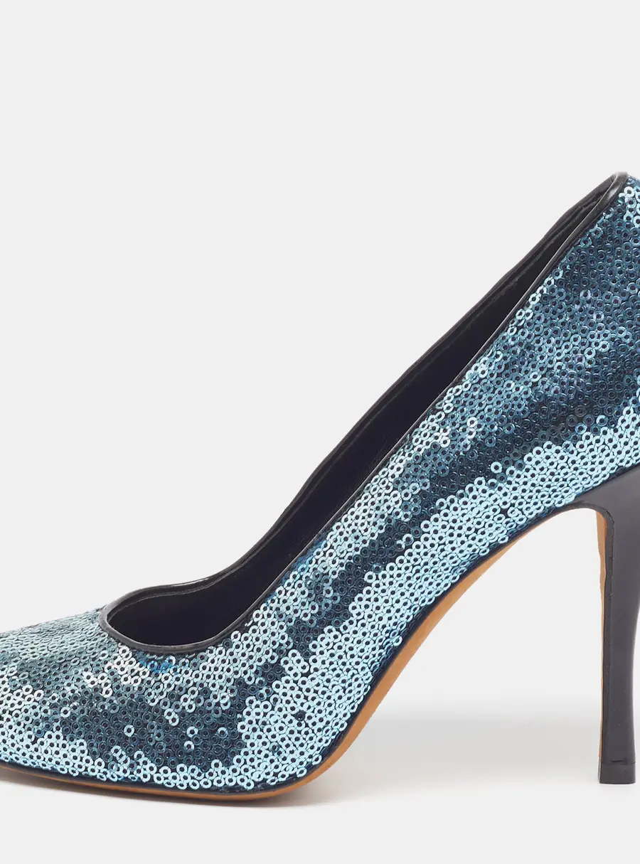 Moschino Size 37.5 Blue Sequins Round Toe Pumps
