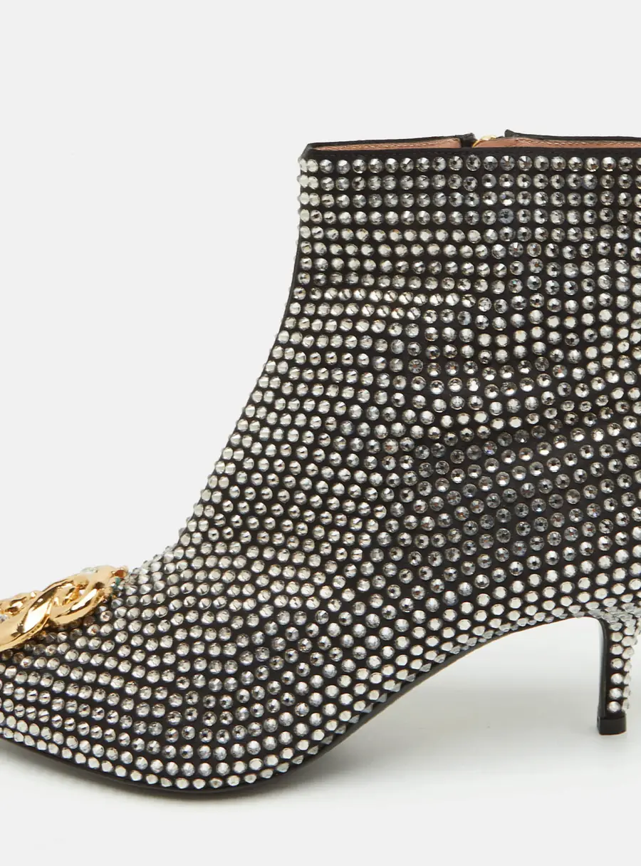 Moschino Size 37 Black Satin Crystal Embellished Ankle Length Boots