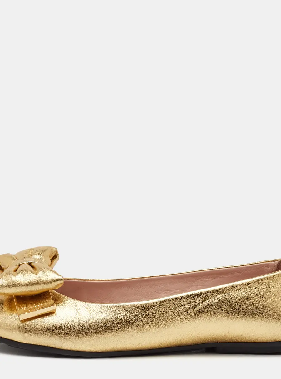 Moschino Bow Size 37 Gold Metallic Leather Ballet Flats