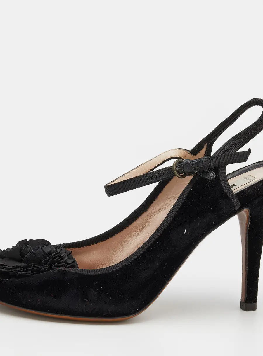 Moschino Black Velvet Flower Embellished Mary Jane Peep Toe Sandals Size 38