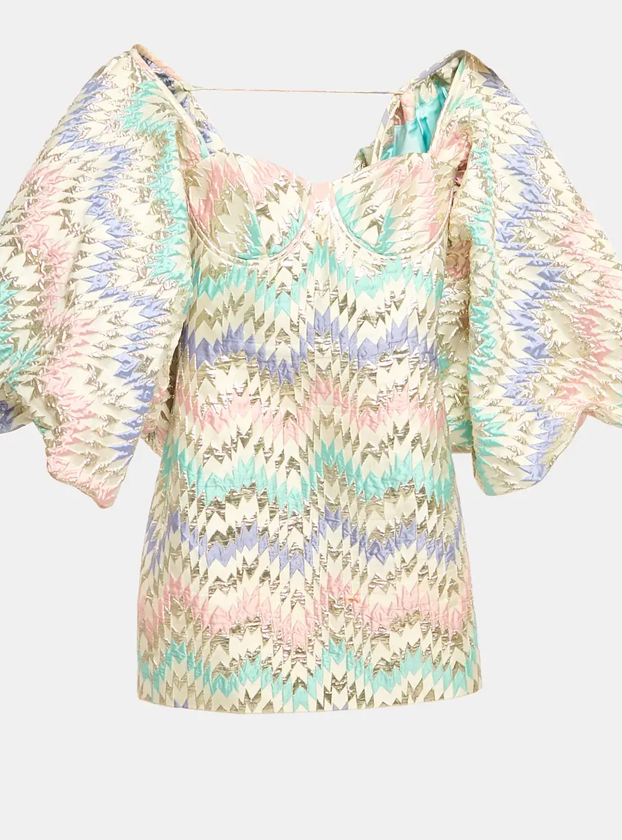 Mrs. Keepa Multicolor Chevron Lurex Jacquard Sleeve Detail Mini Dress M