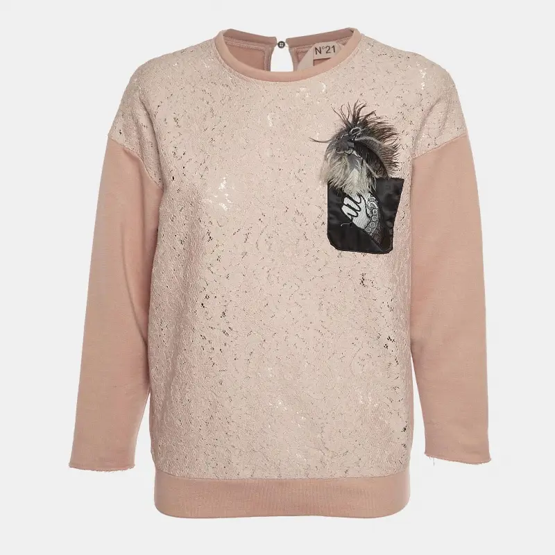 Nº21 Pink Feather Embellished Jersey and Lace Sweatshirt S