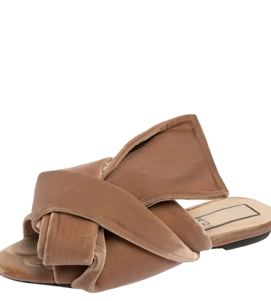 Nº21 Beige Velvet Knot Flat Slide Sandals Size 37
