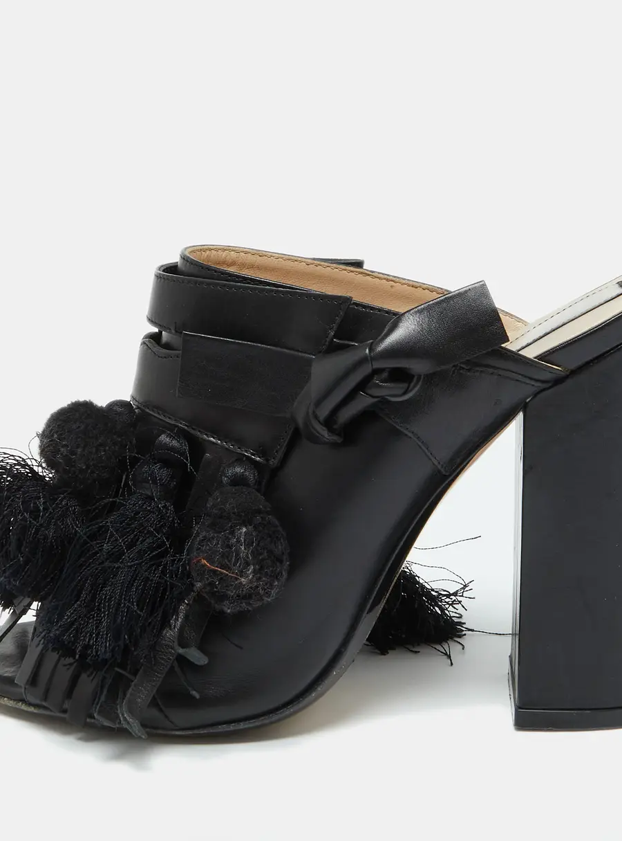 Nº21 Black Leather Tassel Fringe Block Heel Mules Size 40