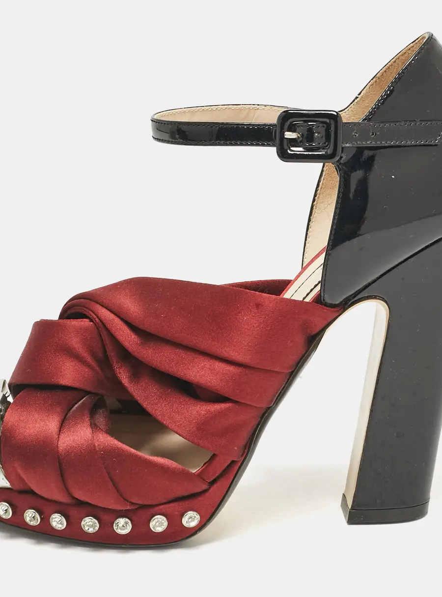 N&deg;21 Burgundy/Black Patent Leather and Satin Ankle Strap Sandals Size 40