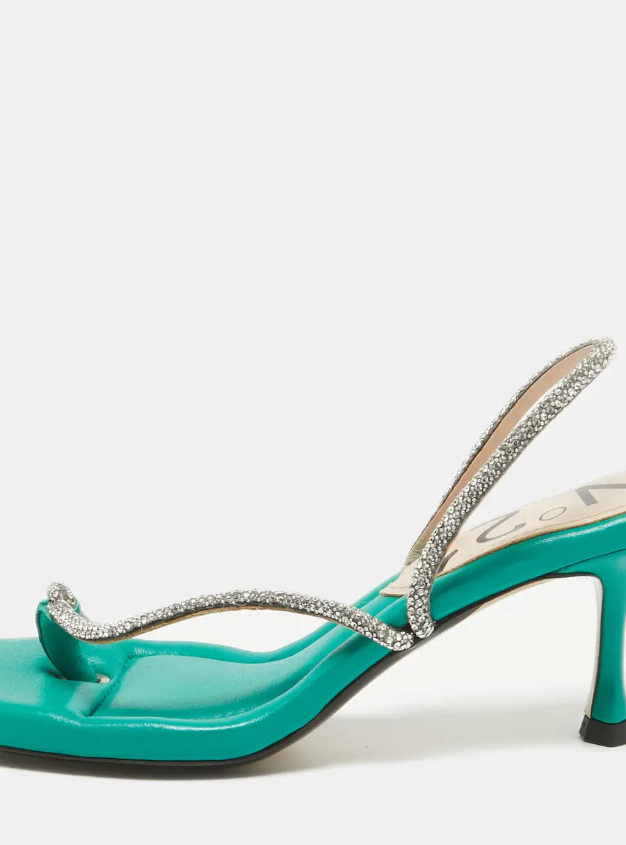 N&deg;21 Green Leather Crystal Embellished Slingback Sandals Size 37