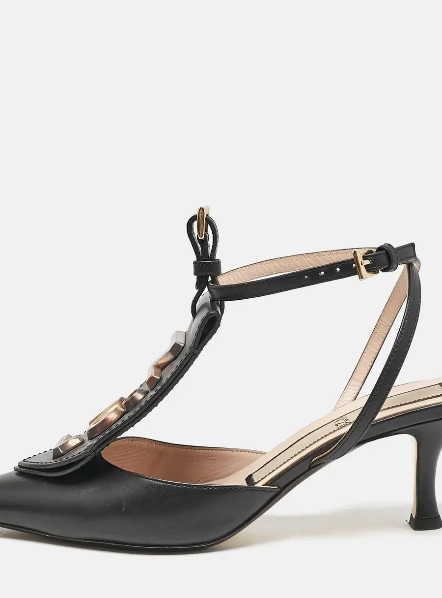 N21 Black Leather Logo Pointed Toe Ankle Strap Pumps Size 38