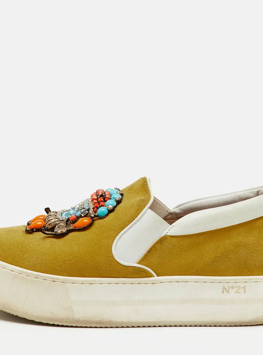 N&deg;21 Yellow Suede Embellished Platform Slip On Sneakers Size 36