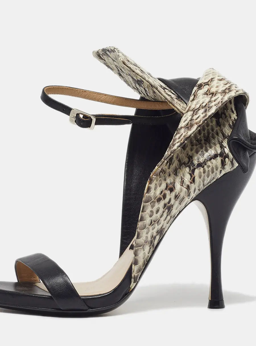 N21 Size 37.5 Black Leather and Python Leather Ankle Strap Sandals
