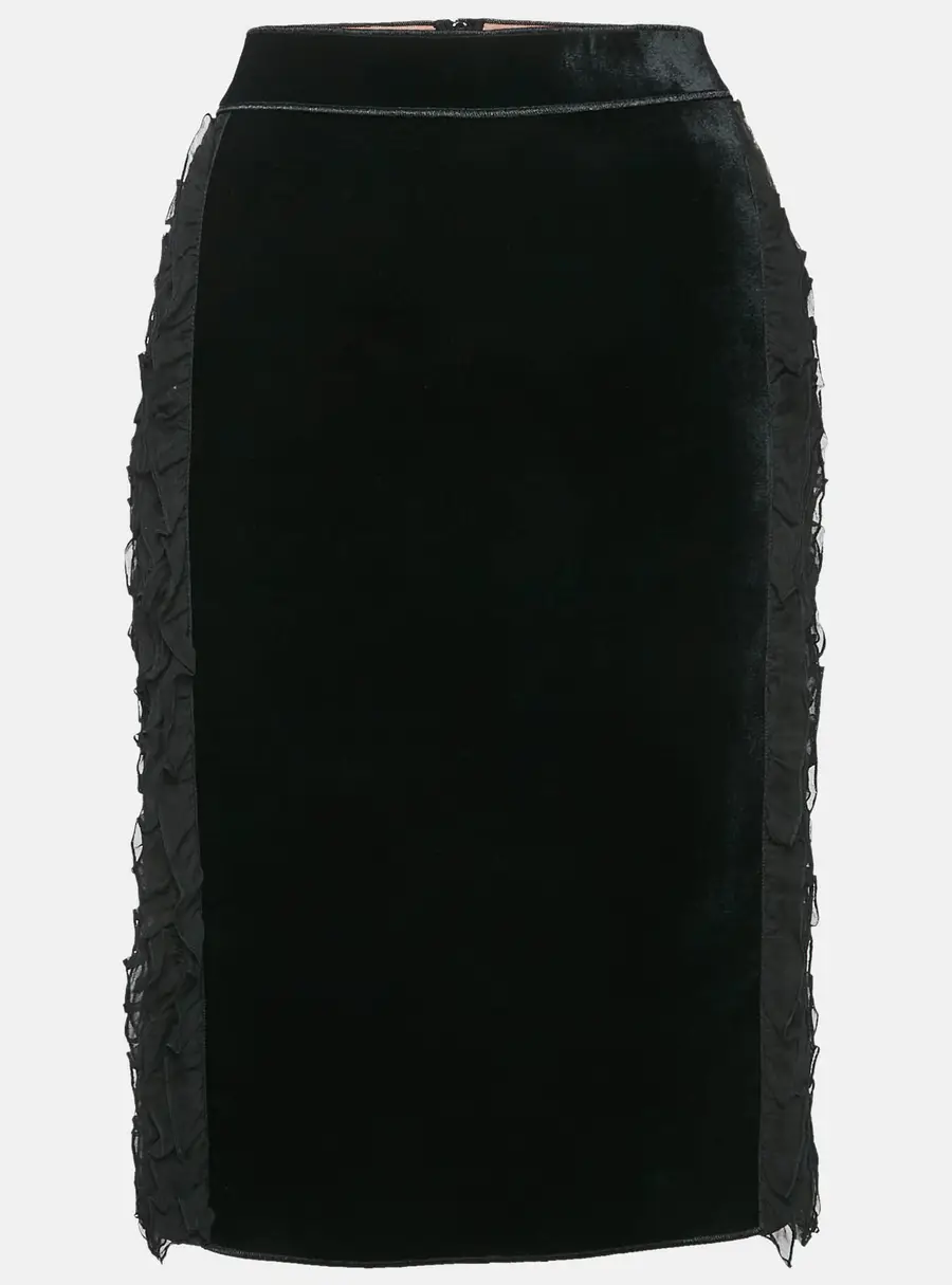 N&ordm;21 Black Silk and Velvet Ruffled Pencil Skirt M