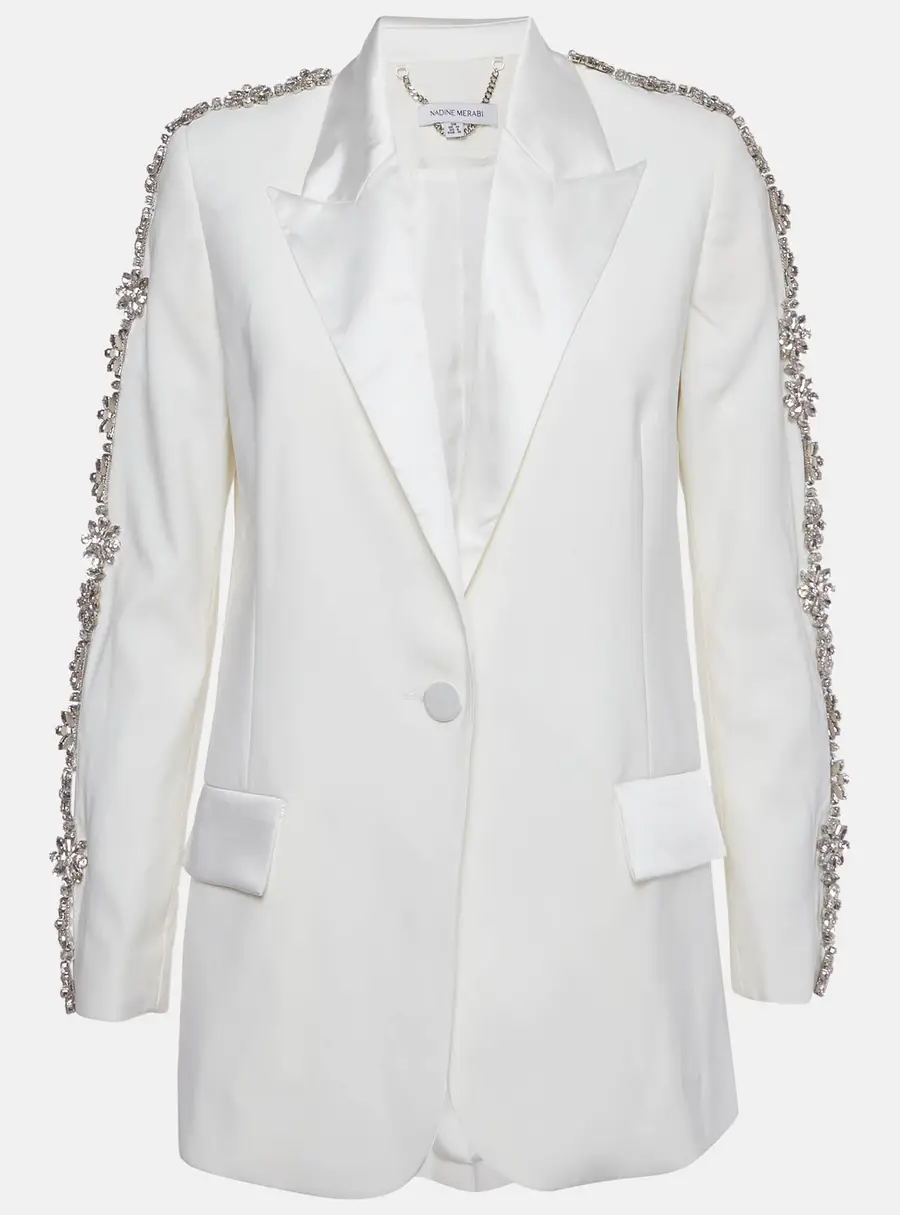 Nadine Merabi White Sateen Embellished Regular Fit Blazer S/M