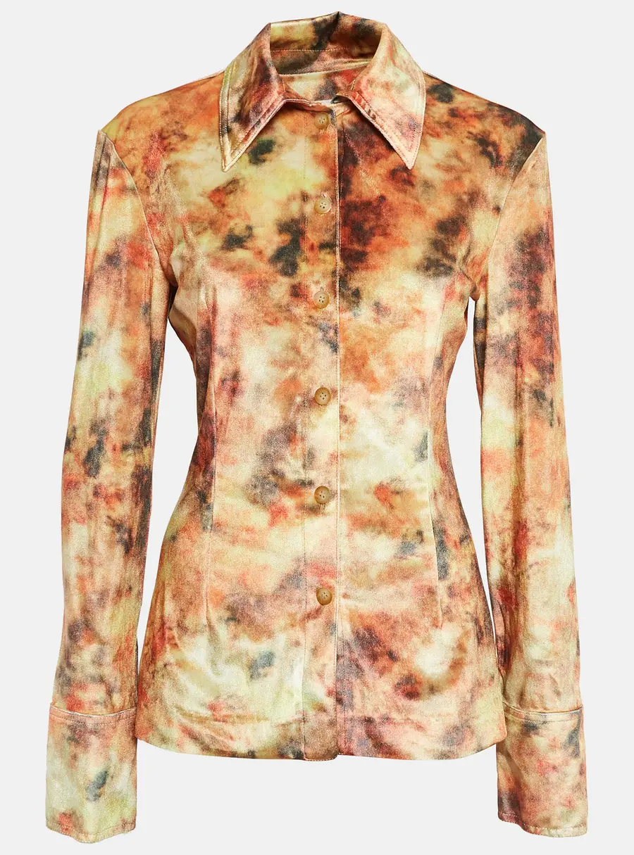 Nanushka Orange Hazy Floral Print Stretch Velvet Shirt M