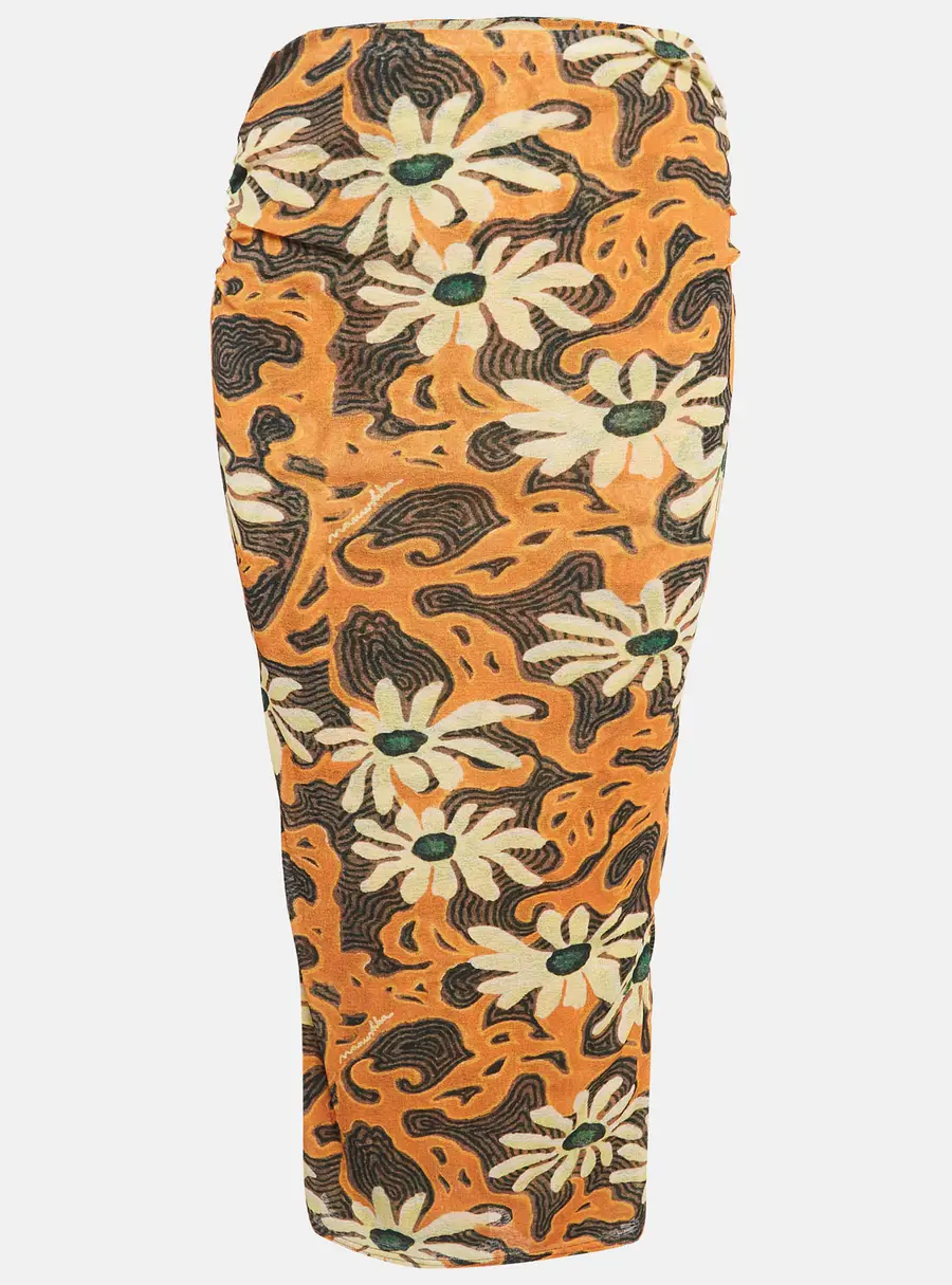 Nanushka Orange Arte Povera Floral Print Mesh Jersey Midi Skirt S