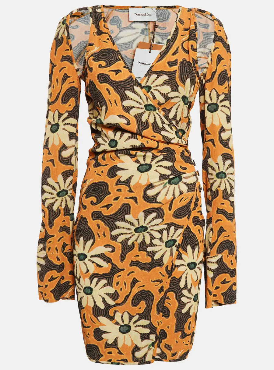 Nanushka Orange Floral Print Crepe Cut-Out Mini Wrap Dress S