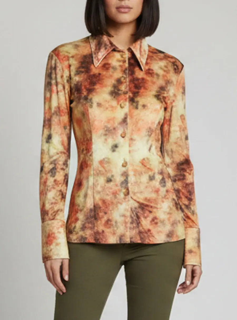 Nanushka Orange Hazy Floral Print Stretch Velvet Slim Fit Shirt S
