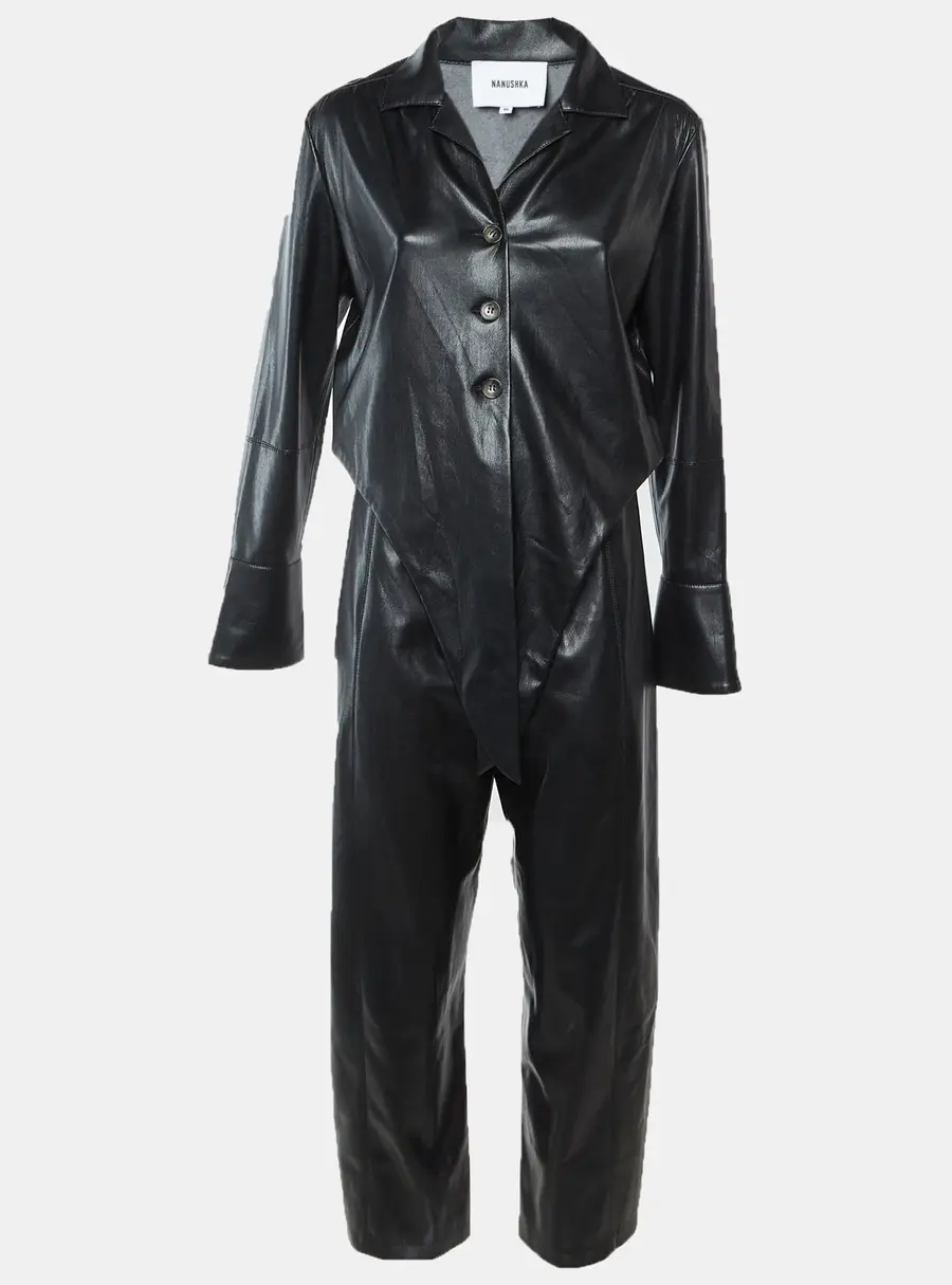 Nanushka Black Faux Leather Button Up Ana Jumpsuit M