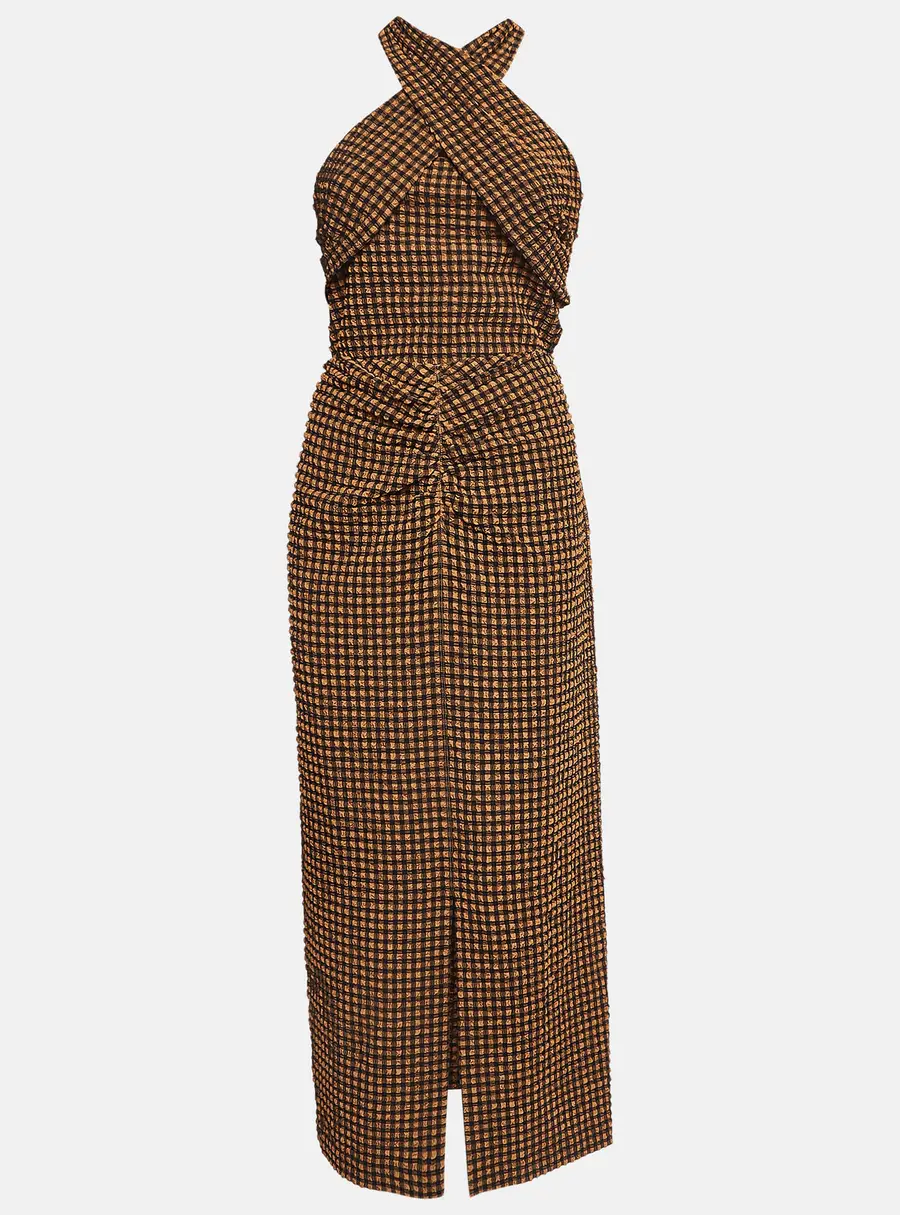 Nanushka Brown Checked Seersucker Skirt and Top Set L
